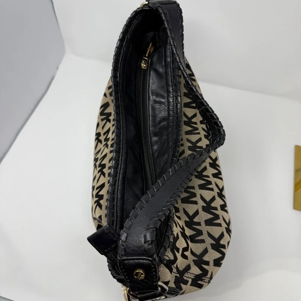 Michael Kors MK Logo Jacquard Hobo Shoulder Bag Black Tan Tassel Charm
